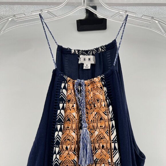 THML Women's Mini Shift Dress Halter Neck Navy/Multi Size Small Tassels - Picture 2 of 9